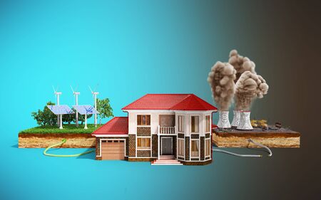 The concept of ecologically clean energy The house is connected to solar panels and weather vanes instead of thermal power stationsの写真素材