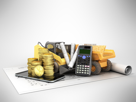 Construction calculations drawings phone dumper excavator 3d render on gray backgroundの写真素材