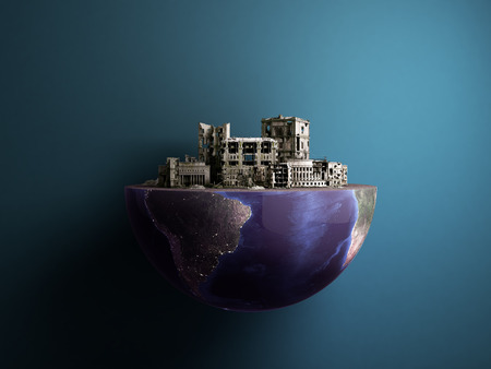 Apocalypse city in half of planet arse Apocalypse concept 3d rendering on blueの写真素材