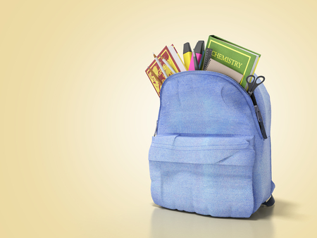 Blue backpack with school supplies 3d render on lightの写真素材