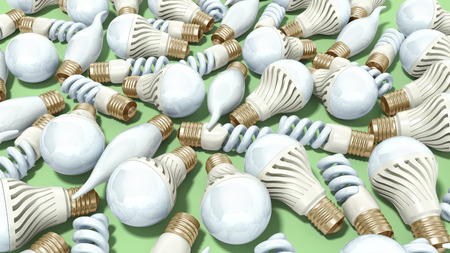 different Lighting Bulbs set 3d render on green backgroundの写真素材