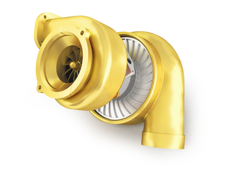 Golden turbine for a 3d rendering machine on a white backgroundの写真素材