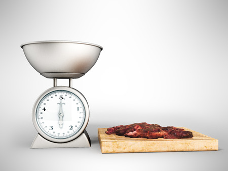 Kitchen scales cutting board with meat 3d rendering on gray backgroundの写真素材