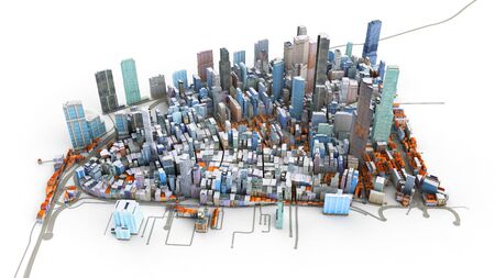 Architectural 3D model illustration of a large city on a white backgroundの写真素材