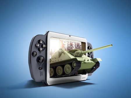 concept of tank games The tank leaves the screen of the gamepad 3d render on blueの写真素材