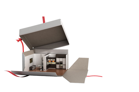 Concept apartment as a gift Kitchen interior in an open box 3d render on white no shadow