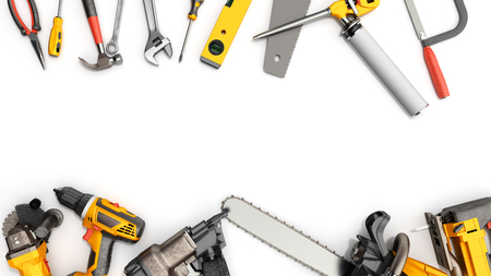 construction background with tools 3d render on whiteの写真素材