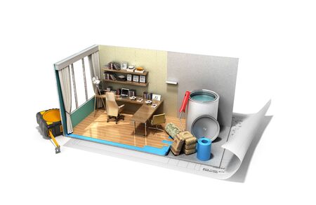 Concept of repair work isometric low poly home room renovation icon 3d render on whiteの写真素材