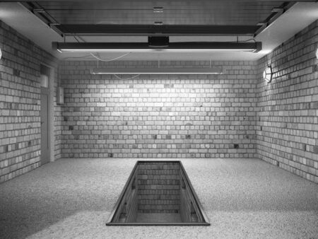 Front View of ampty Garage 3D Interior with Opened Roller Door 3D Renderingの写真素材