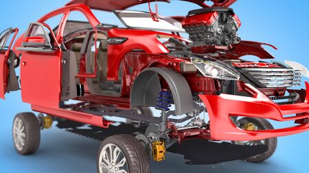 Details of the red car on a blue background 3D renderの写真素材