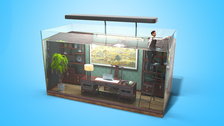 the concept of limited choice, social exclusion, working office in the aquarium with a 3d genereted person 3d render on blueの写真素材
