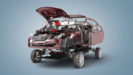 Modern concept of auto repair work Details of the red car on  a grey background 3D renderの写真素材