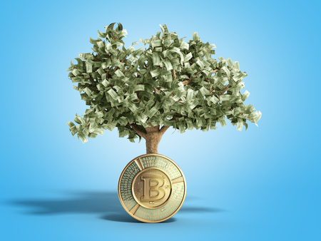 The modern concept of profit from investing in bitcoin 3d render on blueの写真素材