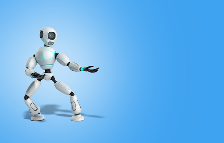 modern concept of product presentation robot points to a thing standing nearby 3d render on blueの写真素材