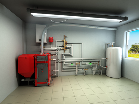 Hot water boiler Boiler room with a heating system 3d renderの写真素材