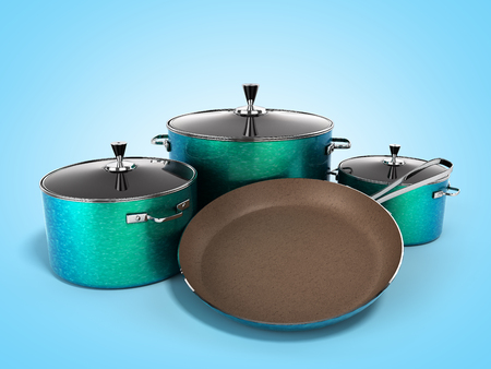 set of crockery green pots and frying pan with stone sprayed 3d render on blue backgroundの写真素材