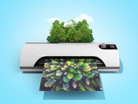 Modern high resolution wide format printing concept The real forest is transformed into an image passing through the printer 3d render on blueの写真素材