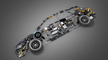 Car silhouette made of details 3d render on greyの写真素材