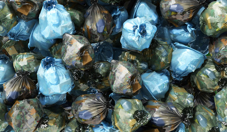 close up of blue garbage bags 3d render