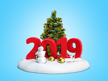 new year 2019 snow island with snowman and Christmas tree 3d render on blueの写真素材