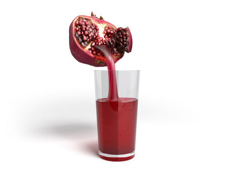 concept of fresh natural juice pomegranate juice flows from fresh pomegranate into a glass 3d render on whiteの写真素材