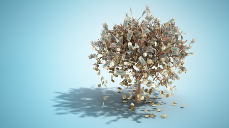 dollar tree with hundred dollar bills and coins growing out of the graund on blue 3d renderの写真素材