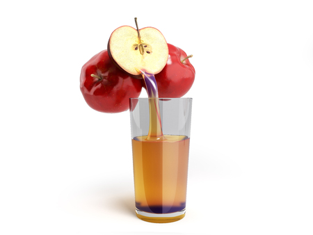 concept of fresh natural juice apple juice flows from fresh apple into a glass 3d render on whiteの写真素材