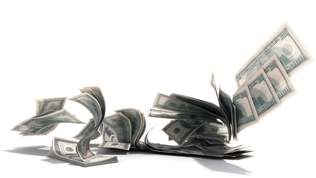 dollar hundred bills banknotes blows away from the pile 3d render on whiteの写真素材