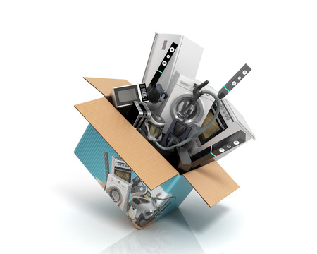 concept of product categories large household appliances crashes out of the box 3d render on whiteの写真素材