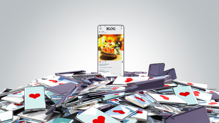 Successful blog concept full screen phone with a blog is on the mountain of phones with hearts on...