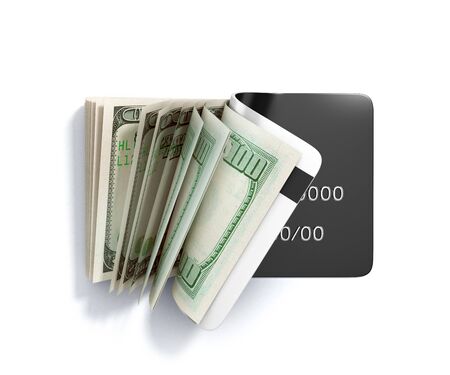 concept of cash withdrawal payment by card dollar bills fall out of the card from top view 3d render...