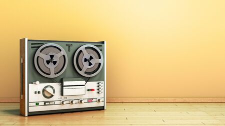 Old portable reel to reel tube tape recorder on the flor in room 3d render imageの写真素材