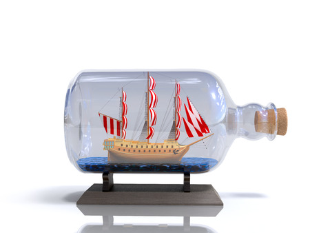 ship in a bottle 3d render on white imageの写真素材