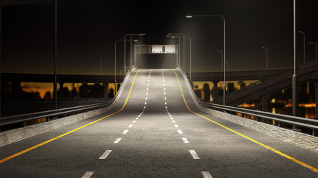 Nigt Road freeway travel concept route direction 3d render on city landscapeの写真素材
