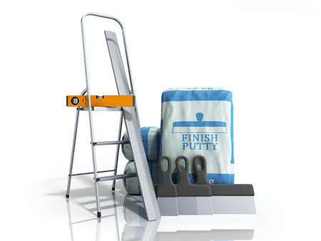 tile finish putty in the package next to the tools 3d render on whiteの写真素材