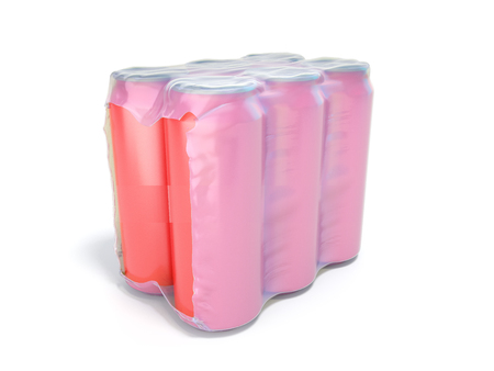 red metal cans in wrapped package 3d render on whiteの写真素材
