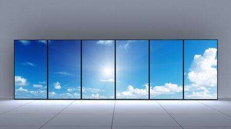Blank panel exhibition stand with the sky on the screens 3d render