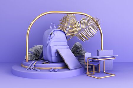 Back to school styled flat lay scene with multicolored school supplies 3d renderの写真素材