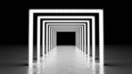 abstract minimal background glowing lines tunnel  neon lights 3d renderの写真素材