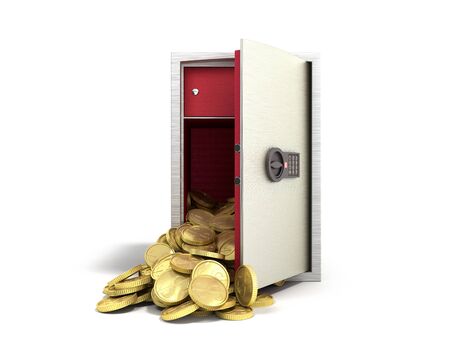 open steel safe with gold dollar coins 3d render on whiteの写真素材