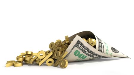 discount concept deposit income concept percent signs fall out from dollar bill paper envelope 3d render on whiteの写真素材