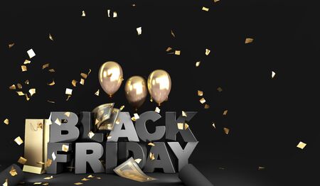 Black Friday concept background big letters with golden balls and confetti 3d renderの写真素材
