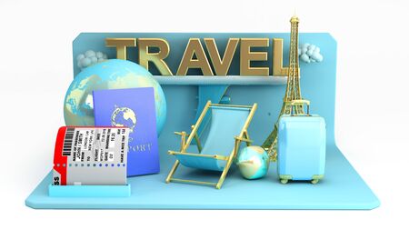 Minimal simple travel podium holidays vacation and Airplane travel concept 3d renderingの写真素材