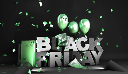 Black Friday concept background big black letters with balls 3d render imageの写真素材