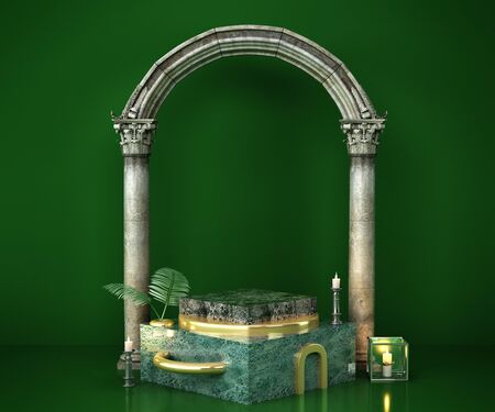green marble podium for product presentation 3d remder imageの写真素材