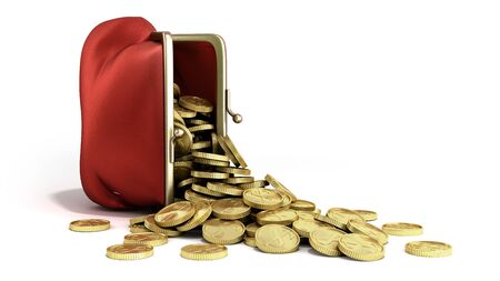 Red wallet with gold money coins 3d render on white backgroundの写真素材