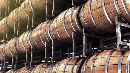 Wooden barrels on stacksの写真素材