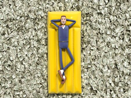 cartoon businessman floating on an air mattress on the river from dollars banknotes 3d renderの写真素材