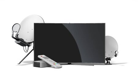 satellite tv or internet concept different size satellite dishes and tv set 3d render on white 