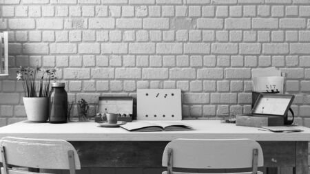 artists desk in pastel colors part of interest work area from front 3d renderの写真素材